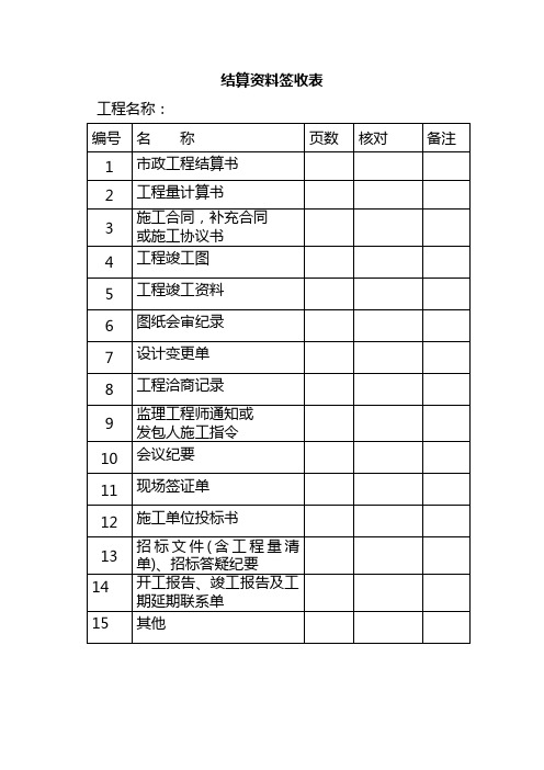 结算资料签收表