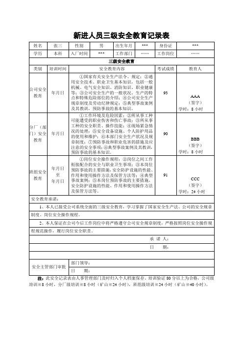 三级安全教育记录表