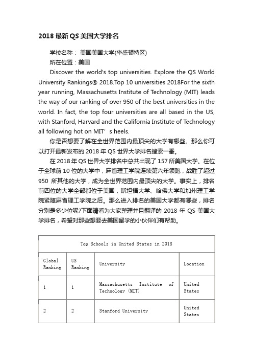 2018最新QS美国大学排名