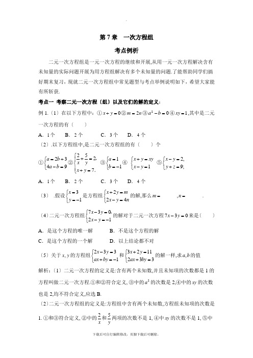 华东师大版数学七年级下册第7章 单元综合复习《一次方程组》考点例析