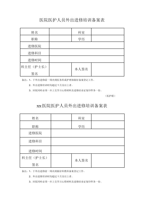 医院医护人员外出进修培训备案表