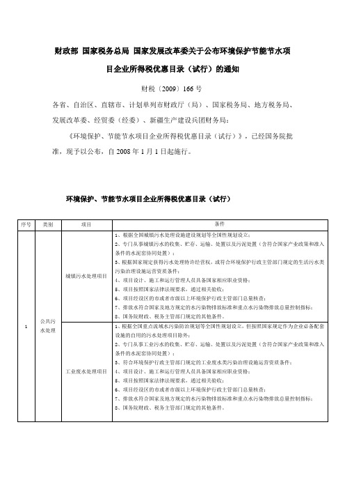 关于公布环境保护节能节水项目企业所得税优惠目录(试行)的通知财税〔2009〕166号