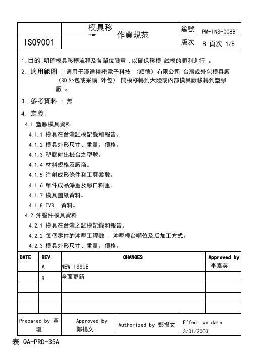 模具移转作业流程