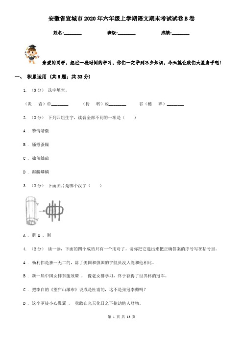 安徽省宣城市2020年六年级上学期语文期末考试试卷B卷(考试)