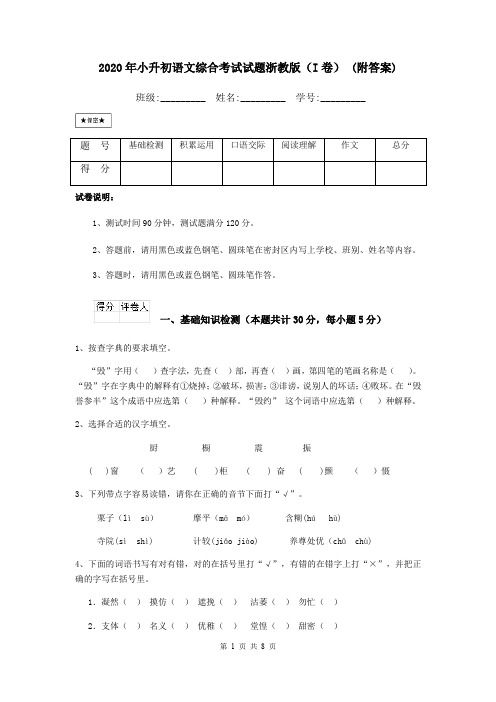 2020年小升初语文综合考试试题浙教版(I卷) (附答案)