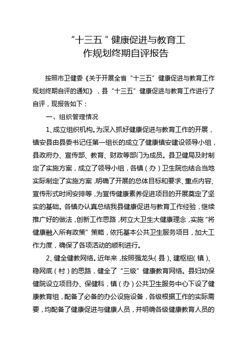 “十三五＂健康促进与教育工作规划终期自评报告