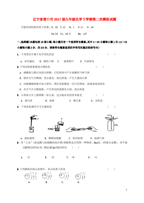 辽宁省营口市2017届九年级化学下学期第二次模拟试题(无答案)