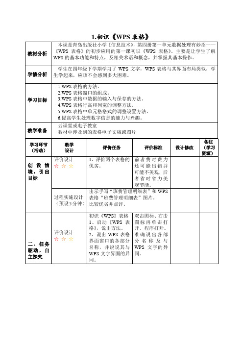 五年级下学期信息技术第1课初识WPS表格(教案) 青岛版