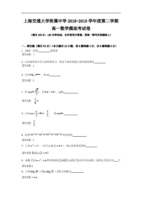 2018-2019学年上海市嘉定区交通大学附属中学高一年级第二学期摸底考数学试卷