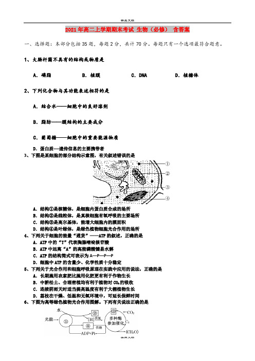 2021年高二上学期期末考试 生物(必修) 含答案