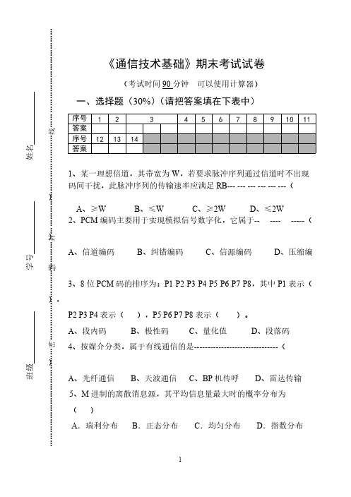 [VIP专享]通信技术基础期末考试试卷