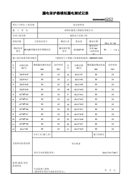 101漏电保护器模拟漏电测试记录