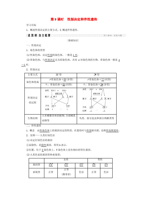2017-2018学年高中生物 第三章 遗传和染色体 第9课时 性别决定和伴性遗传学案 苏教版必修2