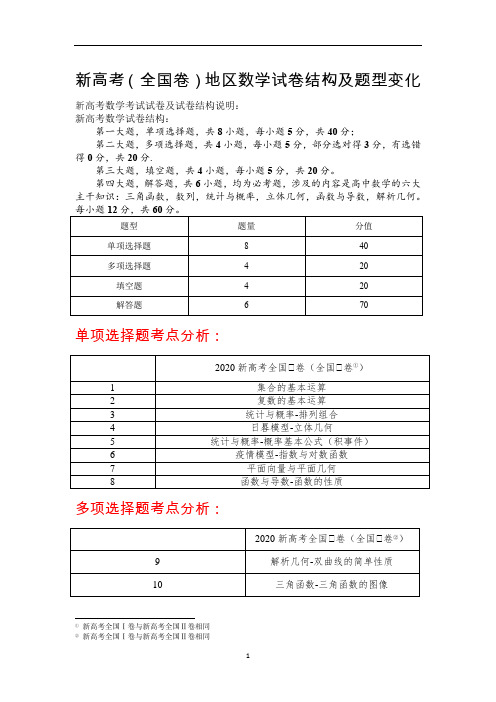 新高考(全国卷地区)数学考试试卷结构及题型变化(不分文理)