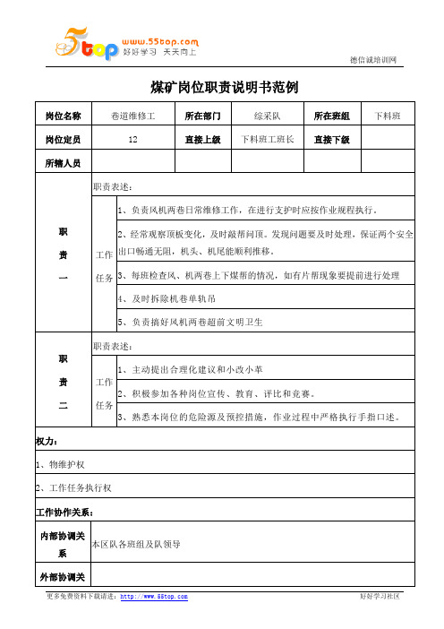 煤矿巷道维修工岗位职责说明书