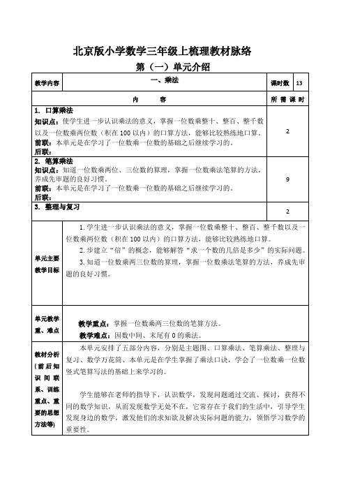 北京版小学数学三年级上梳理教材脉络