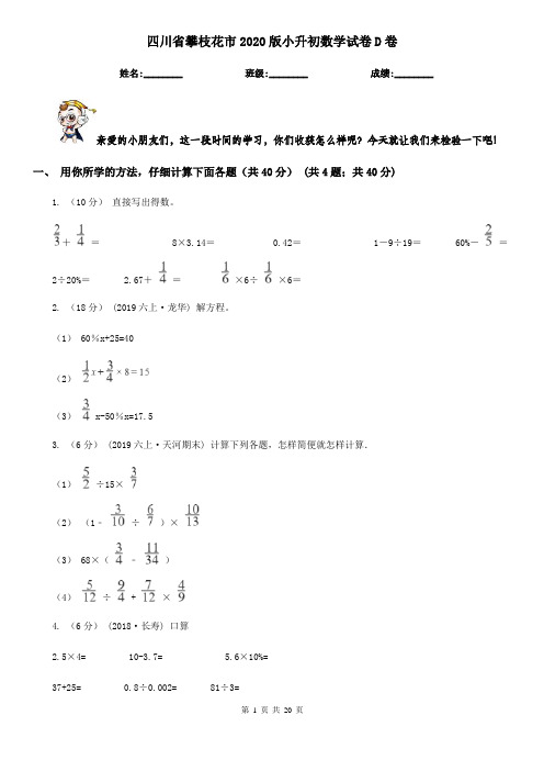 四川省攀枝花市2020版小升初数学试卷D卷