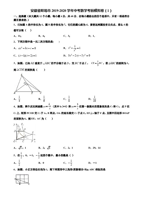 安徽省蚌埠市2019-2020学年中考数学考前模拟卷(1)含解析