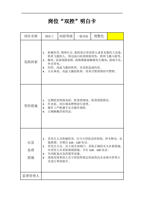 【锯床工】岗位双控明白卡