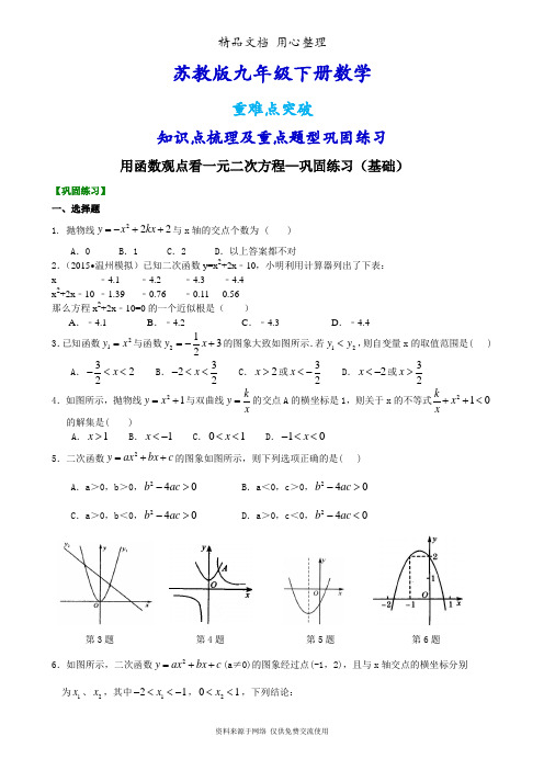 苏教版九年级下册数学[用函数观点看一元二次方程—重点题型巩固练习](基础)