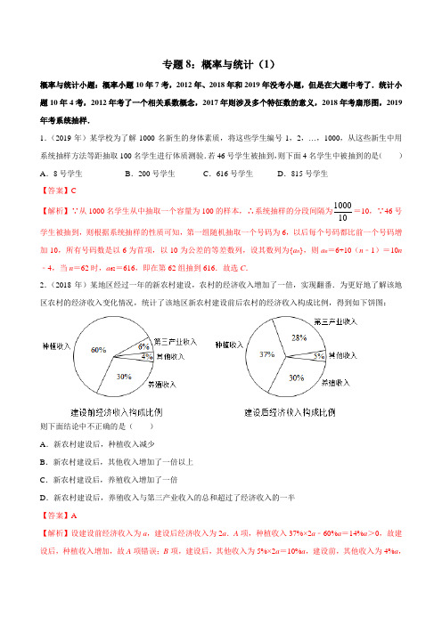 2010-2019学年高考新课标全国I卷数学(文)真题分类汇编专题08 概率与统计(1)(解析版)