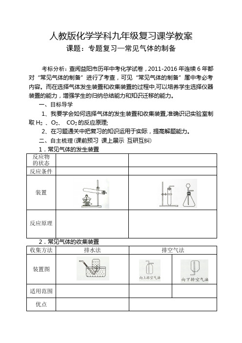 人教版初三化学下册专题复习—常见气体的制备