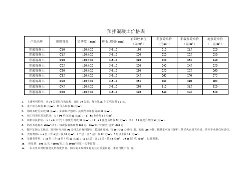 预拌混凝土价格表