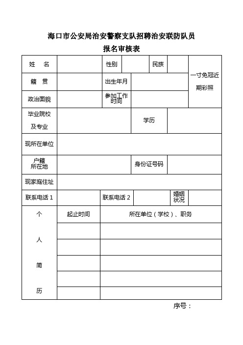 海口市公安局治安警察支队招聘治安联防队员报名审核表【模板】