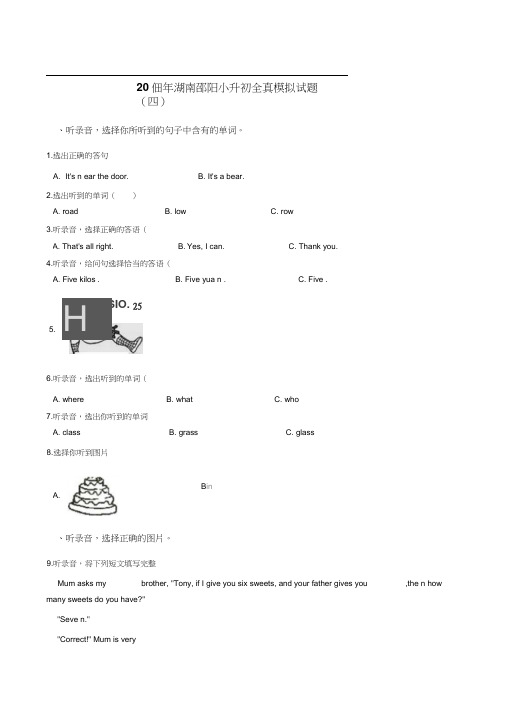 六年级下册英语试题--2019年湖南邵阳小升初全真模拟试题四人教PEP含答案