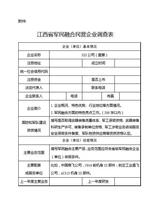 江西军民融合民营企业调查表