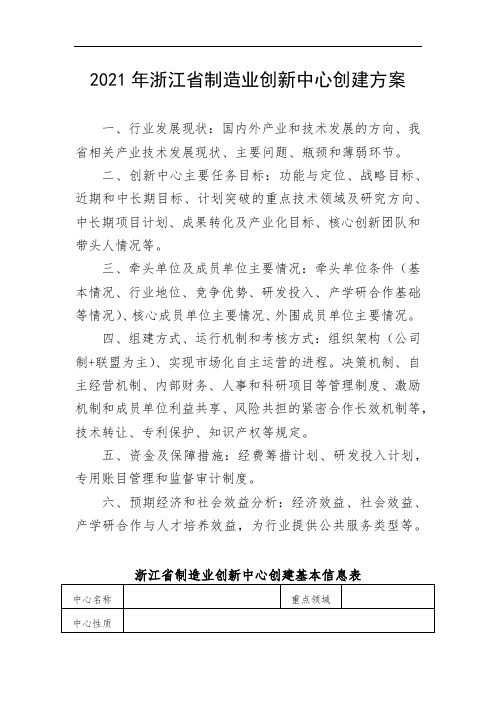 2021年浙江省制造业创新中心创建方案