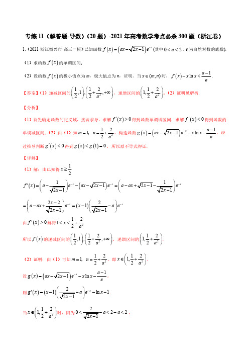 专练11(解答题-导数)(20题)(解析版)-2021年高考数学考点必杀300题(浙江专用)