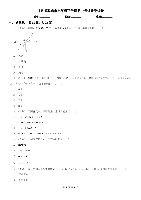 甘肃省武威市七年级下学期期中考试数学试卷