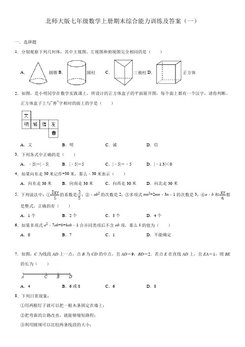 北师大版七年级数学上册期末综合能力训练及答案(一)