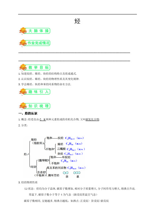 鲁教版高中化学选修5第3讲：烃(学生版)