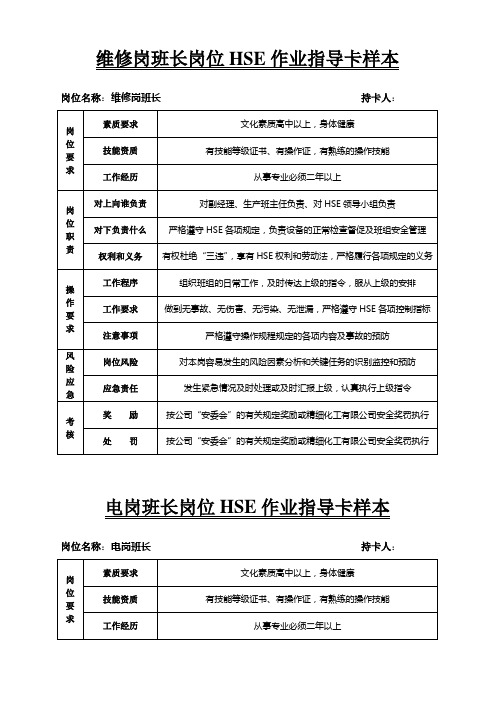 维修岗班长岗位HSE作业指导卡样本