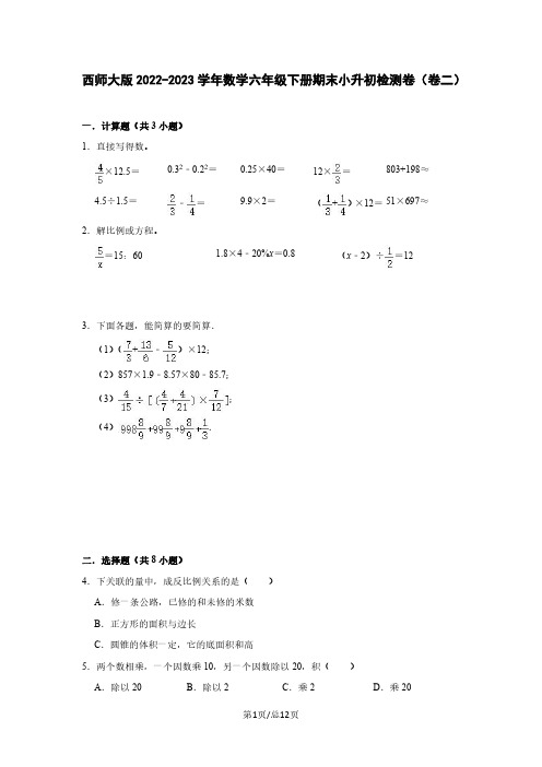 西师大版2022-2023学年数学六年级下册期末小升初检测卷(卷二)含解析