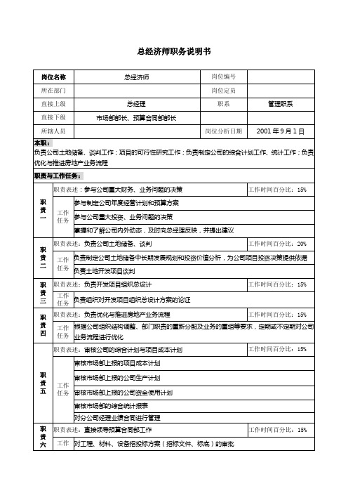 【房地产公司】总经济师职务说明书