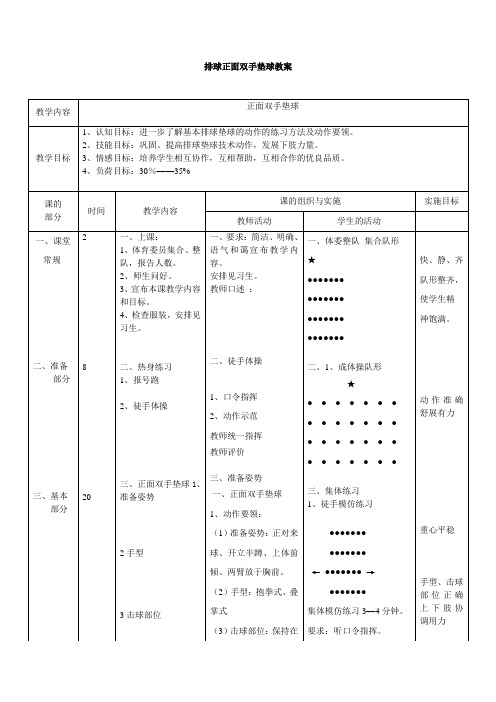 排球正面双手垫球教案