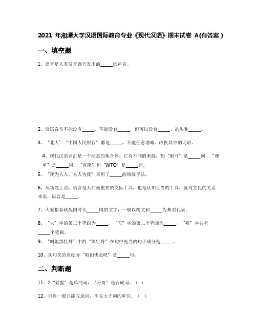 2021年湘潭大学汉语国际教育专业《现代汉语》期末试卷A(有答案)