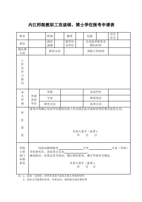 内江师范学院 内江师院教职工攻读硕、博士学位报考申请表