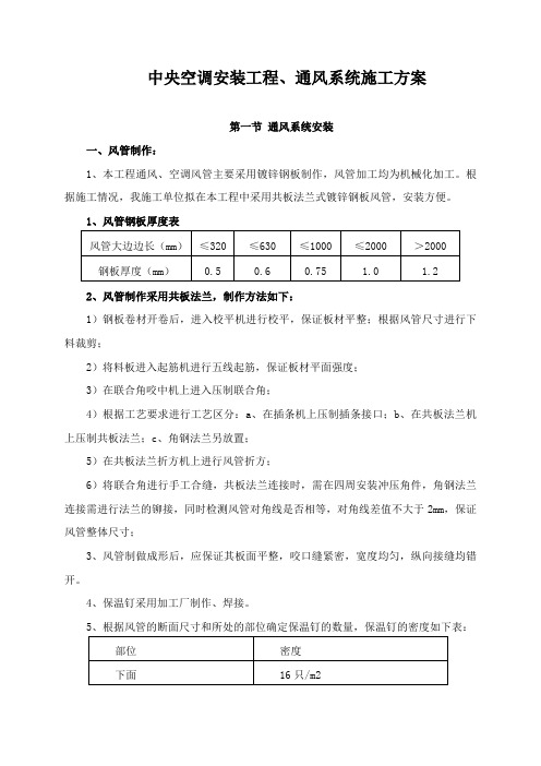 中央空调安装工程、通风系统施工方案