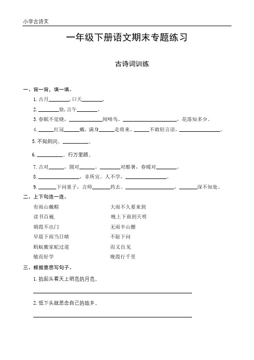 人教部编版一年级下册语文期末复习古诗词专项测评卷(含答案)