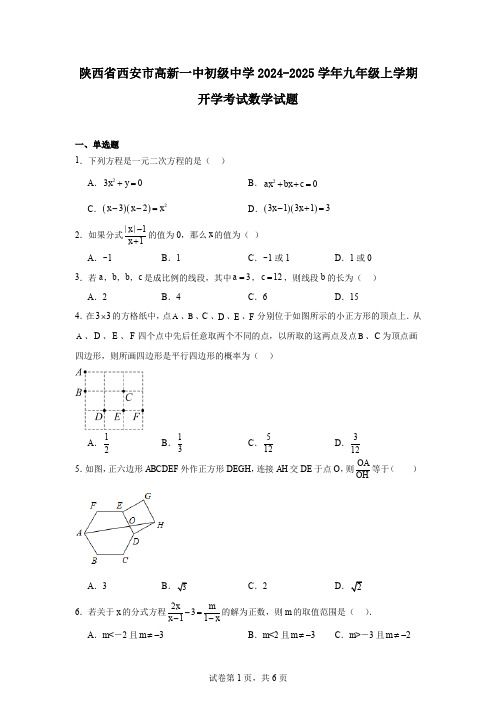 陕西省西安市高新一中初级中学2024-2025学年九年级上学期开学考试数学试题