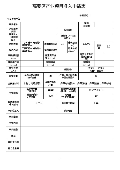 项目准入申请表(模板)