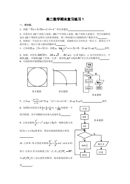 高二数学上期末复习题及答案1