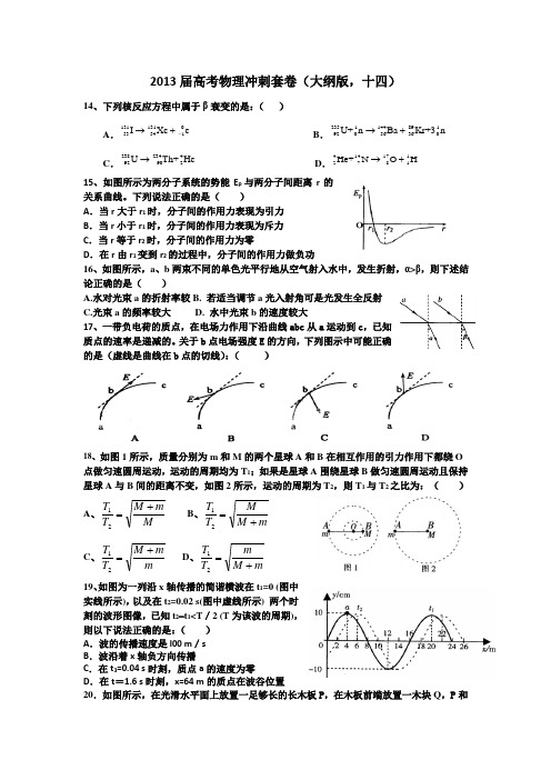 2013届高考物理冲刺套卷(大纲版,十四)