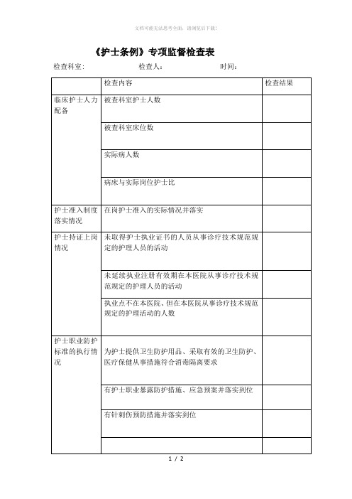 护理部对护士条例检查表