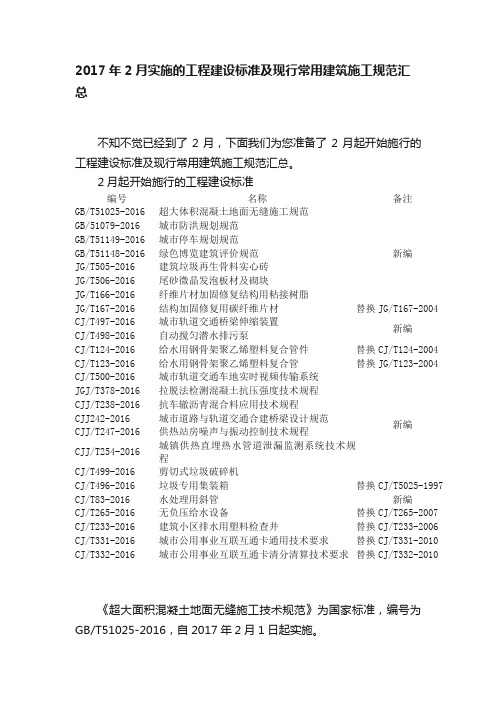 2017年2月实施的工程建设标准及现行常用建筑施工规范汇总