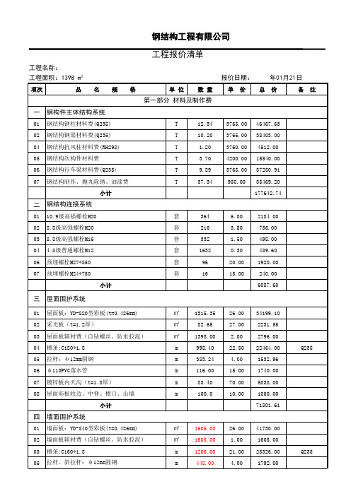 钢结构厂房报价清单--